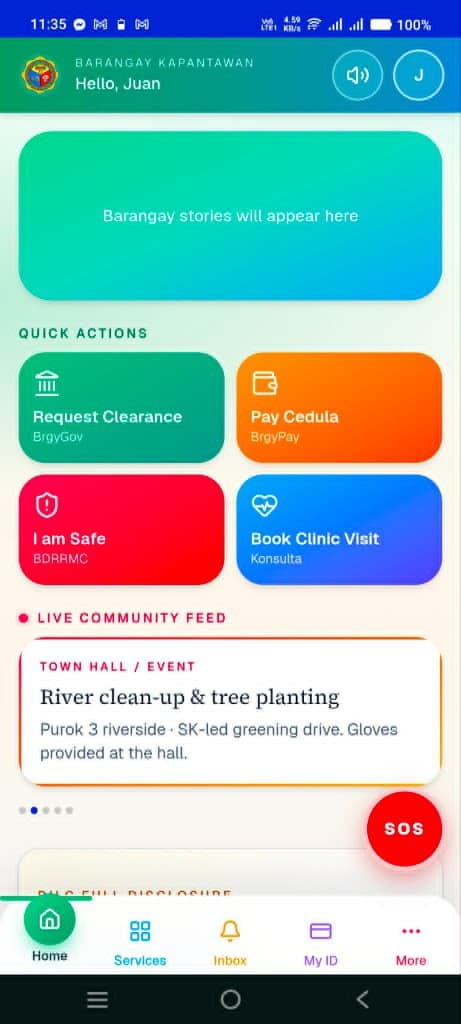 BrgySuperApp resident SuperApp home — quick actions, community feed, and SOS